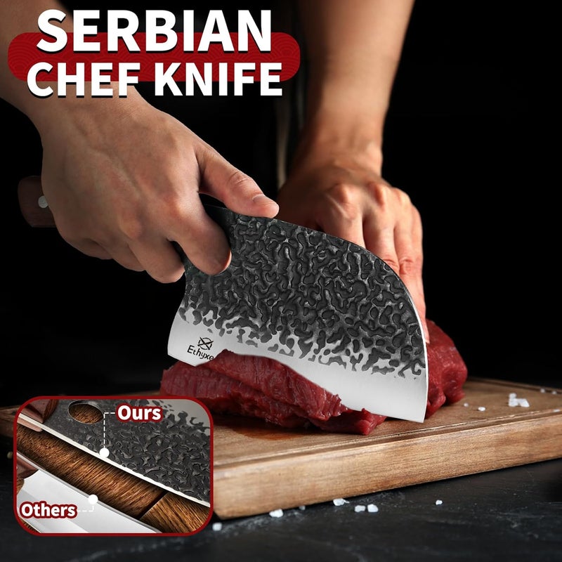 Ethyxe Butcher Knife Set – 3PCS Hand Forged Kitchen Knife Set with Serbian Chef Knife, Viking Boning Knife & Meat Cleaver, High Carbon Steel for Meat Cutting, Outdoor BBQ, Camping, Gift for Men - Image 3